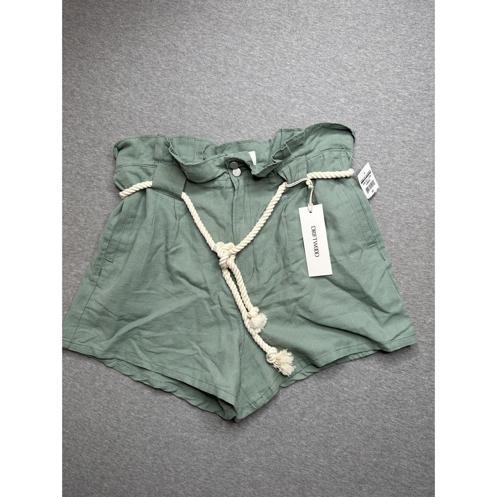 Driftwood Veronica Belted Linen Blend Shorts Women's 30 Green Solid High‎ Rise